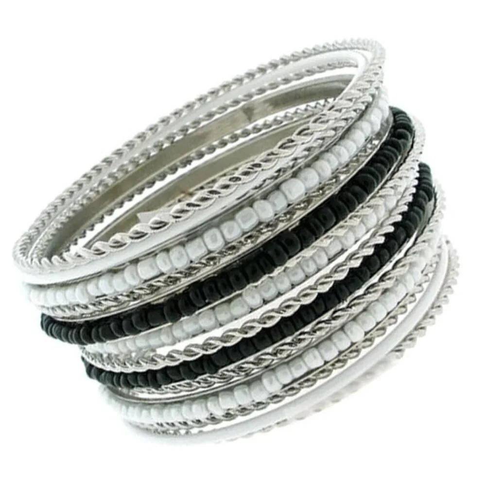 Silver Cable Seed Bead Bangle Cabo Black Pearly White Beaded Bracelet Set of 14